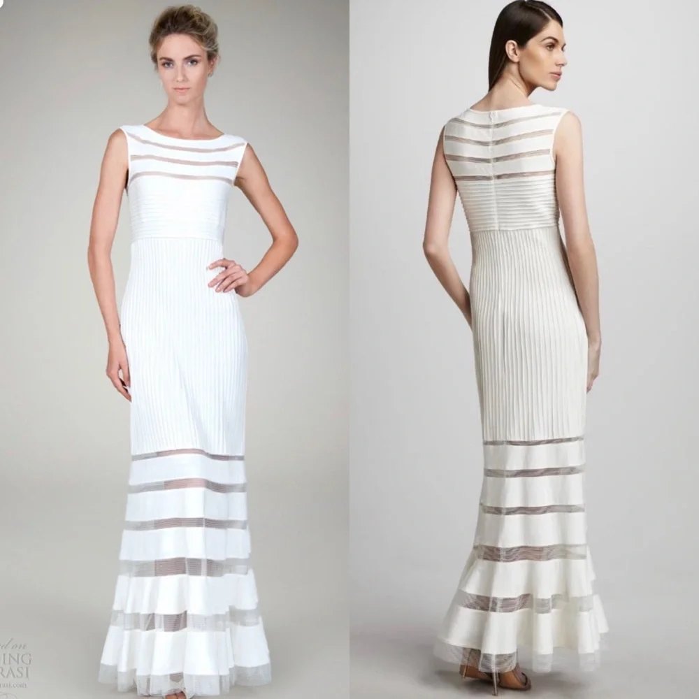 💕Host Pick💕 Tadashi Shoji Ivory Jersey Mesh Illusion Gown Dress Retail $650